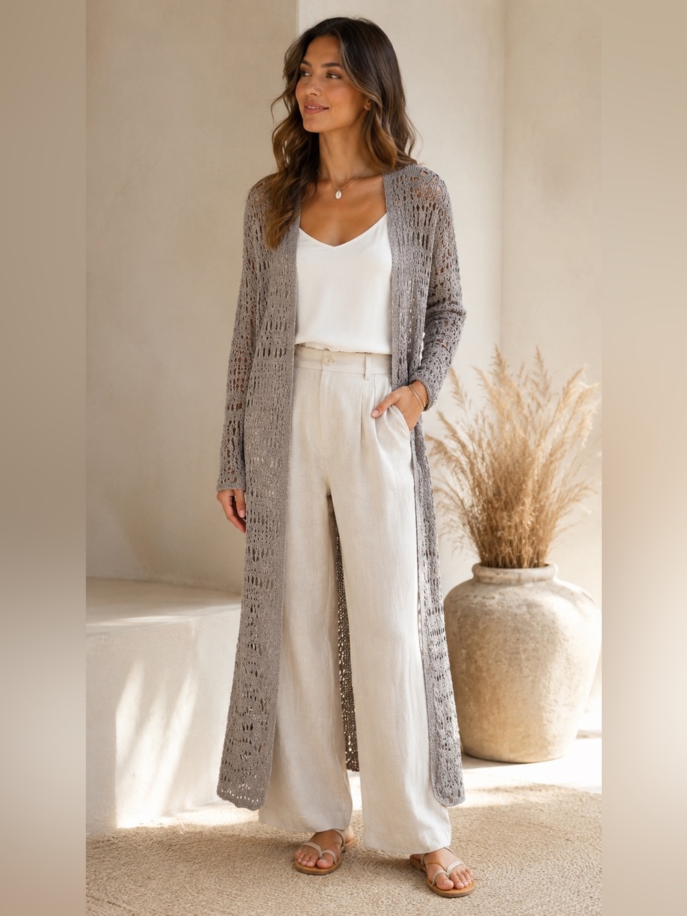 American Eagle Crochet Open Long maxi Cardigan Taupe sz medium coastal boho
